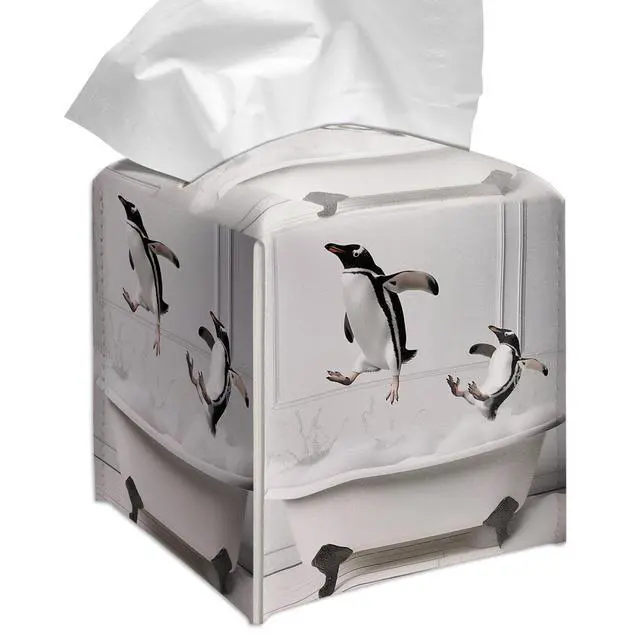 Main image of Cute Penguins Tissue Box Cover Square, Bathtub Bubble Cube Case for Facial Tissues, 5.2" PU Leather(080)