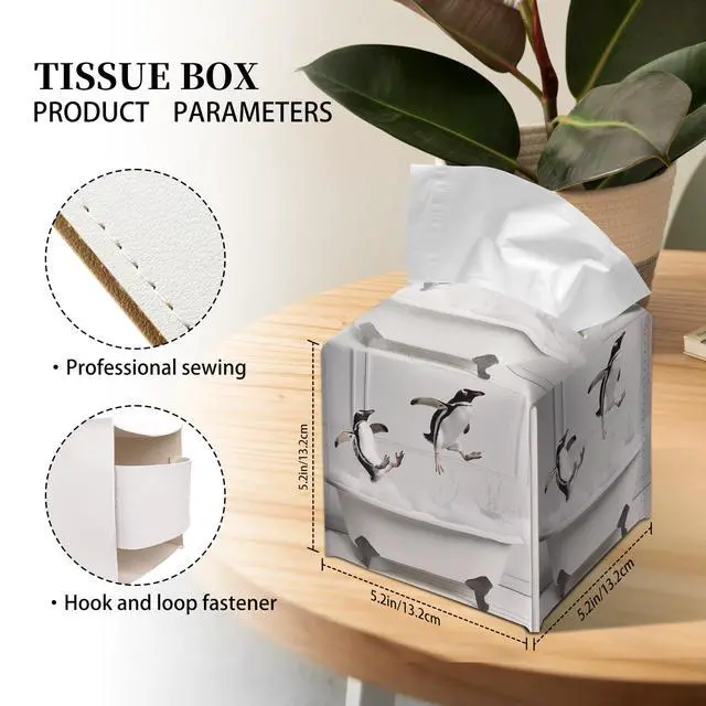 Alt view image 2 of 6 - Cute Penguins Tissue Box Cover Square, Bathtub Bubble Cube Case for Facial Tissues, 5.2" PU Leather(080)