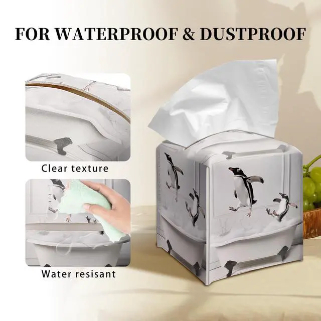 Alt view image 3 of 6 - Cute Penguins Tissue Box Cover Square, Bathtub Bubble Cube Case for Facial Tissues, 5.2" PU Leather(080)