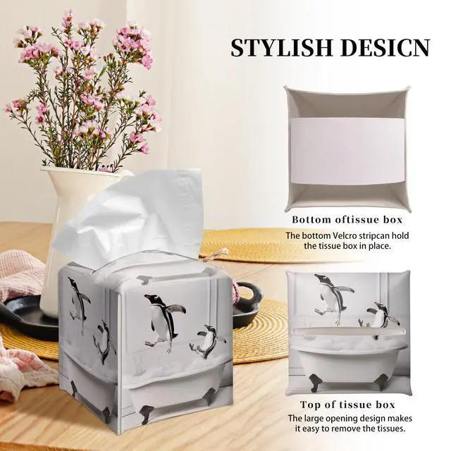 Alt view image 4 of 6 - Cute Penguins Tissue Box Cover Square, Bathtub Bubble Cube Case for Facial Tissues, 5.2" PU Leather(080)