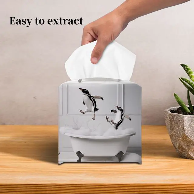 Alt view image 5 of 6 - Cute Penguins Tissue Box Cover Square, Bathtub Bubble Cube Case for Facial Tissues, 5.2" PU Leather(080)