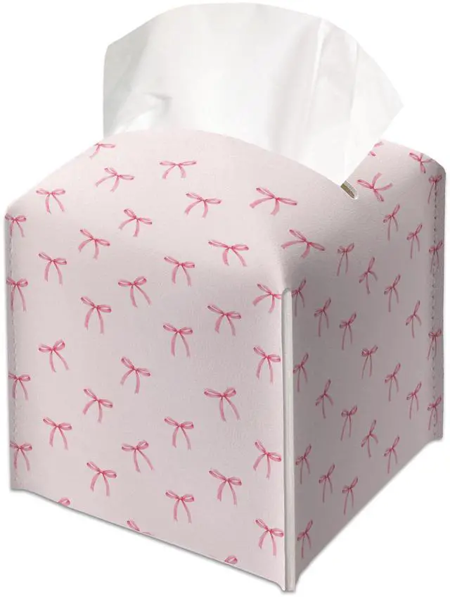 Main image of Cute Preppy Pink Ribbon Bow Decorative Leather Tissue Box Cover - Tissue Box Holder Gifts for Women Family and Friends Funny Unique Home Decor Decorative for Kids Room Kitchen Bathroom Office - A26