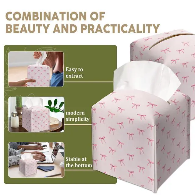 Alt view image 5 of 6 - Cute Preppy Pink Ribbon Bow Decorative Leather Tissue Box Cover - Tissue Box Holder Gifts for Women Family and Friends Funny Unique Home Decor Decorative for Kids Room Kitchen Bathroom Office - A26