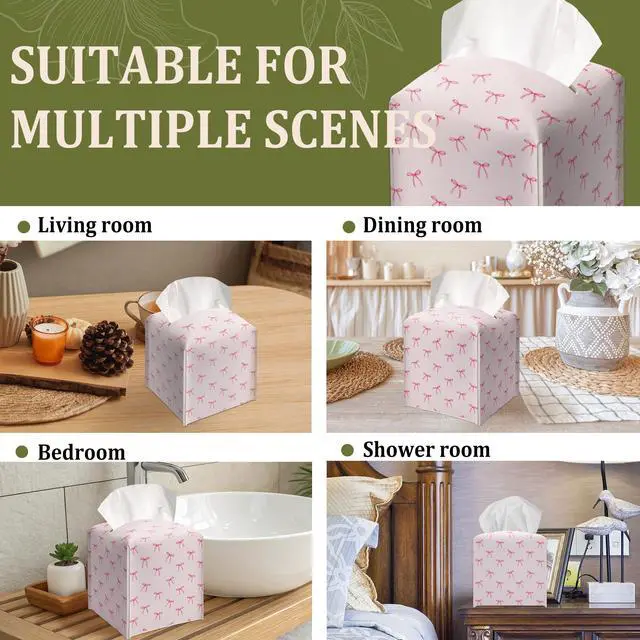 Alt view image 6 of 6 - Cute Preppy Pink Ribbon Bow Decorative Leather Tissue Box Cover - Tissue Box Holder Gifts for Women Family and Friends Funny Unique Home Decor Decorative for Kids Room Kitchen Bathroom Office - A26
