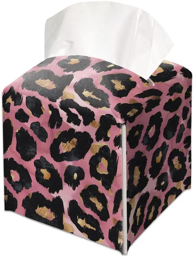 Main image of Pink Leopard Print Decorative Leather Tissue Box Cover - Tissue Box Holder Gifts for Women Family and Friends Funny Unique Home Decor Decorative for Kids Room Kitchen Bathroom Office - A01