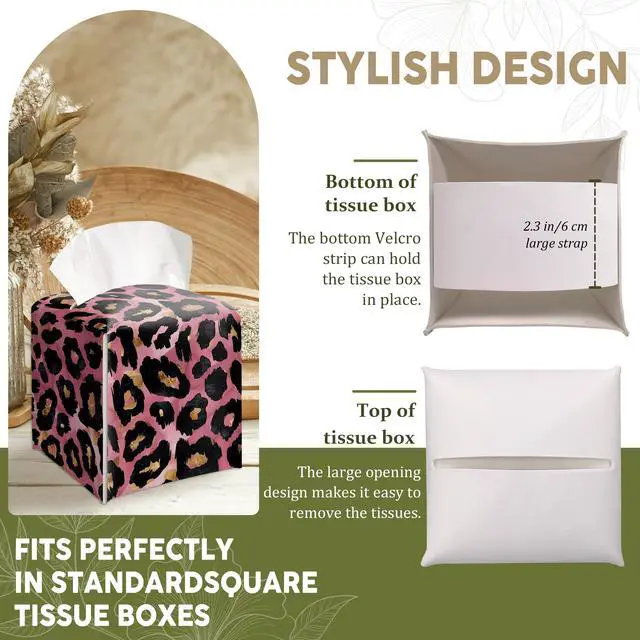 Alt view image 4 of 6 - Pink Leopard Print Decorative Leather Tissue Box Cover - Tissue Box Holder Gifts for Women Family and Friends Funny Unique Home Decor Decorative for Kids Room Kitchen Bathroom Office - A01