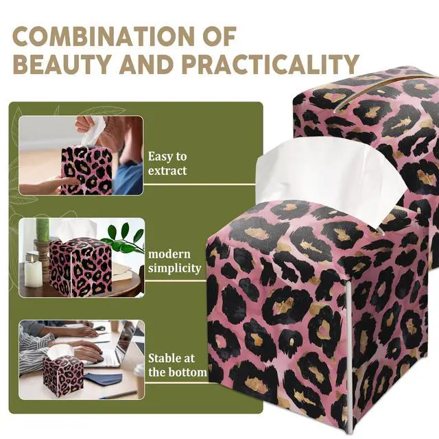 Alt view image 5 of 6 - Pink Leopard Print Decorative Leather Tissue Box Cover - Tissue Box Holder Gifts for Women Family and Friends Funny Unique Home Decor Decorative for Kids Room Kitchen Bathroom Office - A01