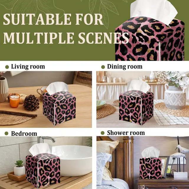 Alt view image 6 of 6 - Pink Leopard Print Decorative Leather Tissue Box Cover - Tissue Box Holder Gifts for Women Family and Friends Funny Unique Home Decor Decorative for Kids Room Kitchen Bathroom Office - A01