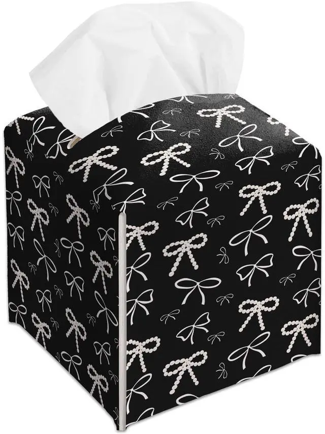 Main image of Black and White Pearl Bow Decorative Leather Tissue Box Cover - Cute Tissue Holder Gifts for Women and Friends Funny Unique for Home Decor Decorative for Kids Room Kitchen Bathroom Office - A23