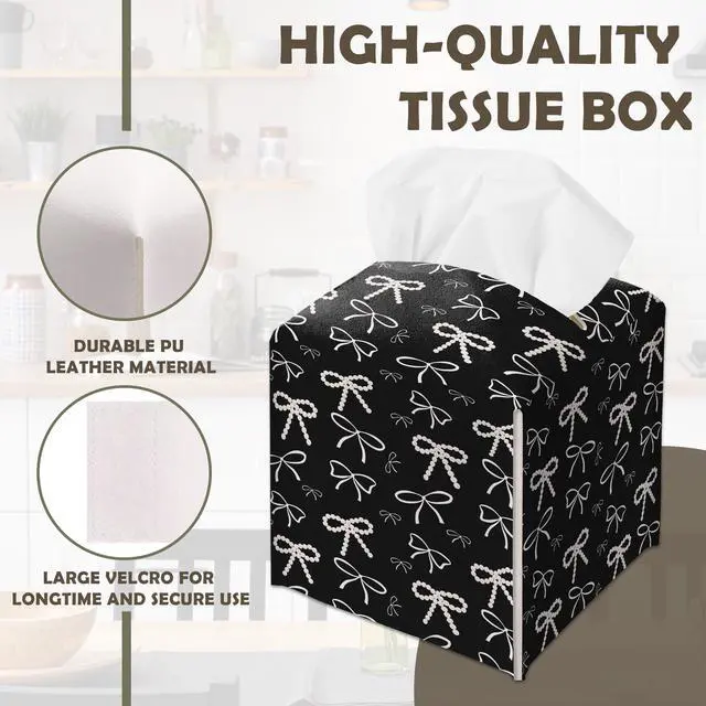 Alt view image 4 of 7 - Black and White Pearl Bow Decorative Leather Tissue Box Cover - Cute Tissue Holder Gifts for Women and Friends Funny Unique for Home Decor Decorative for Kids Room Kitchen Bathroom Office - A23