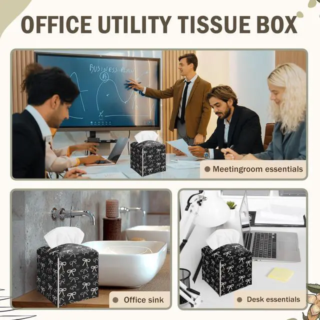 Alt view image 7 of 7 - Black and White Pearl Bow Decorative Leather Tissue Box Cover - Cute Tissue Holder Gifts for Women and Friends Funny Unique for Home Decor Decorative for Kids Room Kitchen Bathroom Office - A23