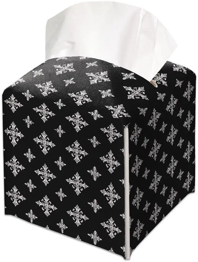 Main image of Black and White Gothic Cross Decorative Leather Tissue Box Cover - Tissue Box Holder Gifts for Women Family and Friends Funny Unique Home Decor Decorative for Kids Room Kitchen Bathroom Office - A42