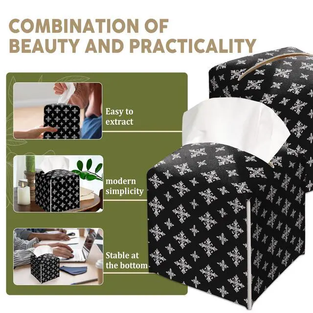 Alt view image 5 of 6 - Black and White Gothic Cross Decorative Leather Tissue Box Cover - Tissue Box Holder Gifts for Women Family and Friends Funny Unique Home Decor Decorative for Kids Room Kitchen Bathroom Office - A42