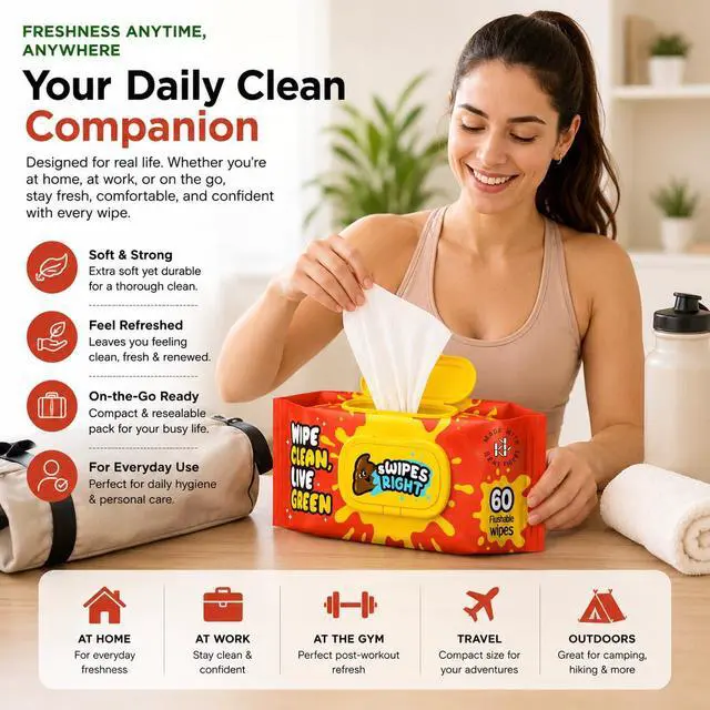 Alt view image 5 of 7 - 300 Wipes (Pack of 5) Flushable Wipes for Adult - Wipes Flushable Packs, Baby Wipes for Sensitive Skin, Wipes for Kids, Portable Travel Pack - Toilet Essentials for Gym & Office