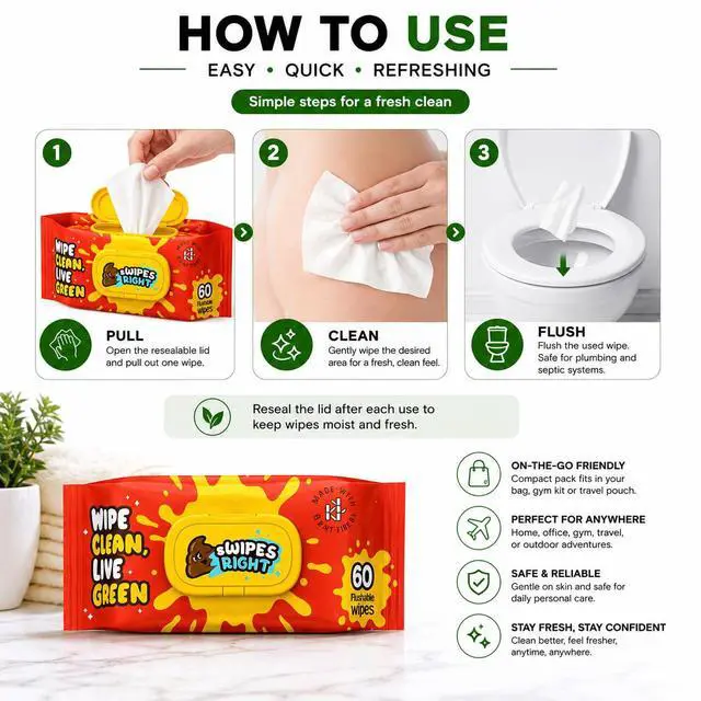 Alt view image 4 of 7 - 300 Wipes (Pack of 5) Flushable Wipes for Adult - Wipes Flushable Packs, Baby Wipes for Sensitive Skin, Wipes for Kids, Portable Travel Pack - Toilet Essentials for Gym & Office