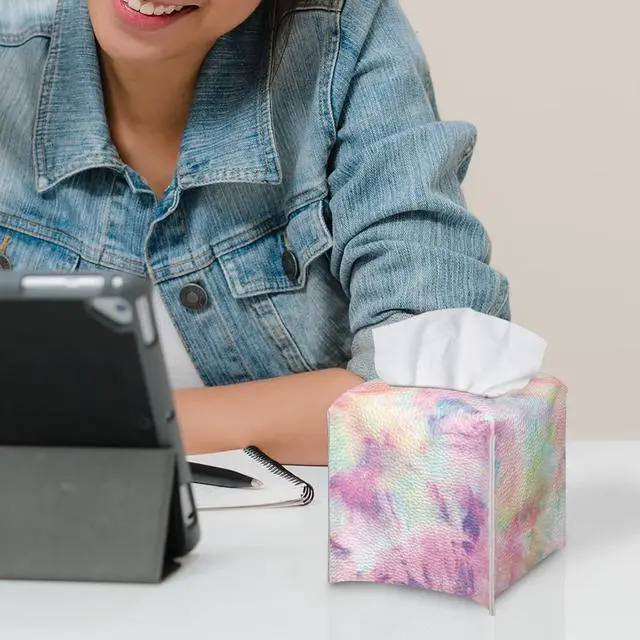 Alt view image 6 of 7 - Tie Dye Tissue Box Covers for Womens Girls Square Leather PU Tissue Box Holder Case for Bathroom Office Bedroom Cube Cover Napkin Holder Case Colorful Home Decoration