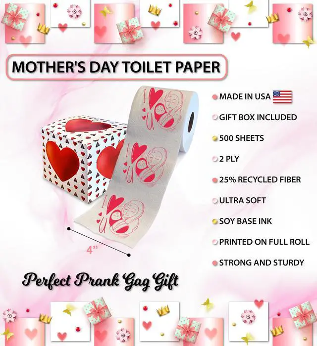Alt view image 3 of 7 - Happy Mother's Day I Love You Mom Design Printed Toilet Paper Paper Roll - Funny Mom Gifts for Women, Cute Gag Gifts for Mothers Day, Surprise Prank Fun Gifts for Mom - 500 Sheets