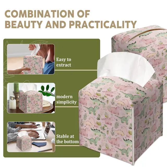 Alt view image 5 of 6 - Pink Dinosaur Decorative Leather Tissue Box Cover - Tissue Box Holder Gifts for Women Family and Friends Funny Unique Home Decor Decorative for Kids Room Kitchen Bathroom Office - A44