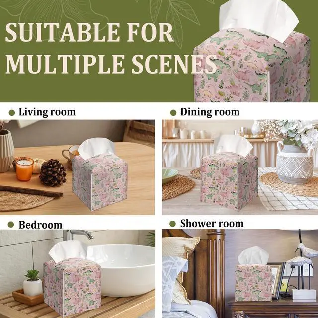 Alt view image 6 of 6 - Pink Dinosaur Decorative Leather Tissue Box Cover - Tissue Box Holder Gifts for Women Family and Friends Funny Unique Home Decor Decorative for Kids Room Kitchen Bathroom Office - A44