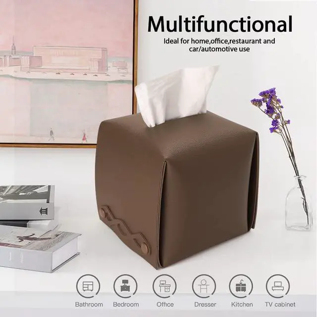 Alt view image 3 of 7 - Tissue Box Cover,PU Leather Square Rectangular Tissue Box Holder for Bathroom Dining Room Home Office Car (Square-Tan)