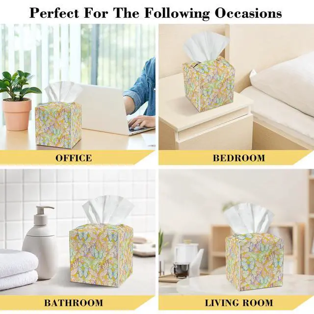 Alt view image 4 of 6 - Butterfly Exotic Leather Tissue Holder with Bottom Belt Gifts for Women Girls Housewarming Waterproof Tissue Case Holder Decor for Home Bedroom Office Livingroom Car Facial Paper Organizer - YT0279