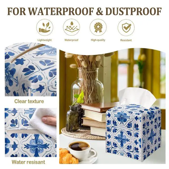 Alt view image 3 of 6 - Blue and White Porcelain Decorative Leather Tissue Box Cover - Tissue Box Holder Gifts for Women Family and Friends Funny Unique Home Decor Decorative for Kids Room Kitchen Bathroom Office - A02