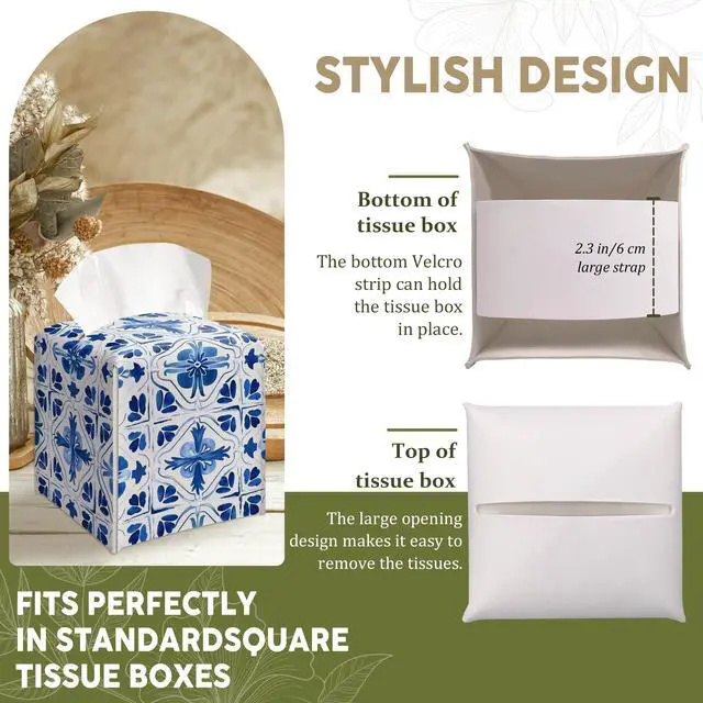Alt view image 4 of 6 - Blue and White Porcelain Decorative Leather Tissue Box Cover - Tissue Box Holder Gifts for Women Family and Friends Funny Unique Home Decor Decorative for Kids Room Kitchen Bathroom Office - A02