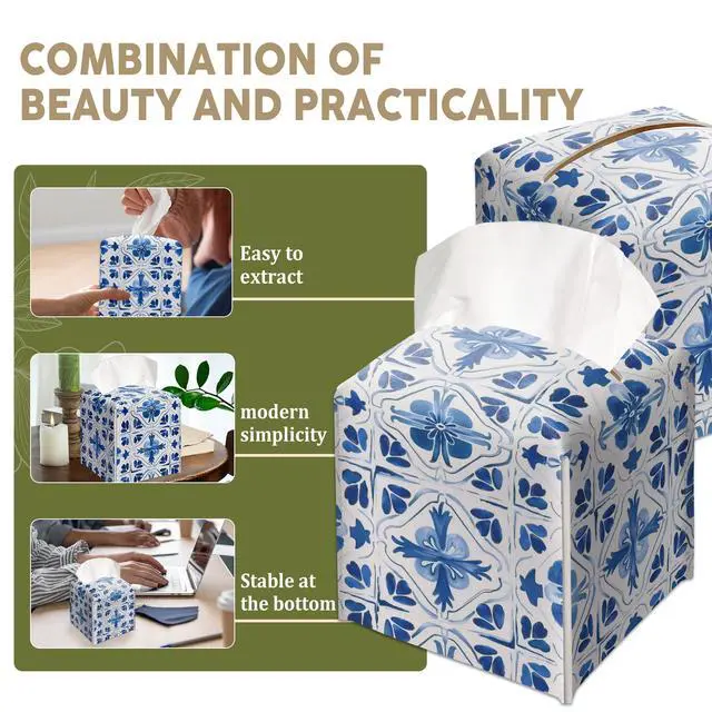 Alt view image 5 of 6 - Blue and White Porcelain Decorative Leather Tissue Box Cover - Tissue Box Holder Gifts for Women Family and Friends Funny Unique Home Decor Decorative for Kids Room Kitchen Bathroom Office - A02