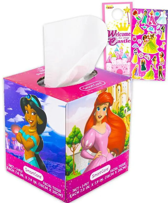 Main image of Princess Facial Tissue Box Set - 74 Hypoallergenic Baby Soft Disney 2-Ply Tissues, Stickers, More for Travel, School, Classroom