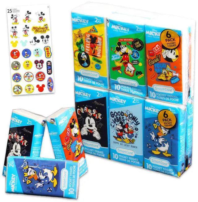 Main image of Mickey Mouse Pocket Size Facial Tissues Set - 12 Packs of 10 Sheets (120 Tissues) & Stickers | Disposal Tissue for Travel, School, Classroom