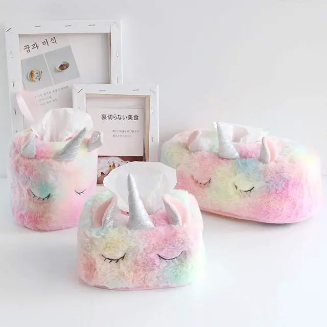Alt view image 4 of 6 - Colorful Unicorn Tissue Box Cover, Cute Plush Tissue Box Holder Decorative Facial Tissue Holder Napkin Holder for Home, Office, Nursery and Car (Rectangle)