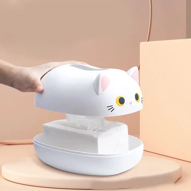 Alt view image 2 of 5 - Cute Cat Tissue Holder with Toothpick Dispenser, Desktop Tissue Storage Box Multifunction Facial Napkin Dispenser Holder for Kitchen Bathroom (White)