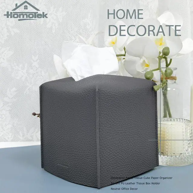 Alt view image 3 of 7 - 2 Pack Tissue Box Cover, Square PU Leather Tissue Holder, Decorative Facial Tissue Cube Paper Organizer Dispenser for Bathroom, Night Stands, Desk, Car 5X5X5'' - Beige, Pebble Grain