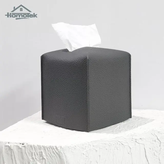 Alt view image 4 of 7 - 2 Pack Tissue Box Cover, Square PU Leather Tissue Holder, Decorative Facial Tissue Cube Paper Organizer Dispenser for Bathroom, Night Stands, Desk, Car 5X5X5'' - Beige, Pebble Grain