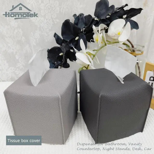Alt view image 5 of 7 - 2 Pack Tissue Box Cover, Square PU Leather Tissue Holder, Decorative Facial Tissue Cube Paper Organizer Dispenser for Bathroom, Night Stands, Desk, Car 5X5X5'' - Beige, Pebble Grain