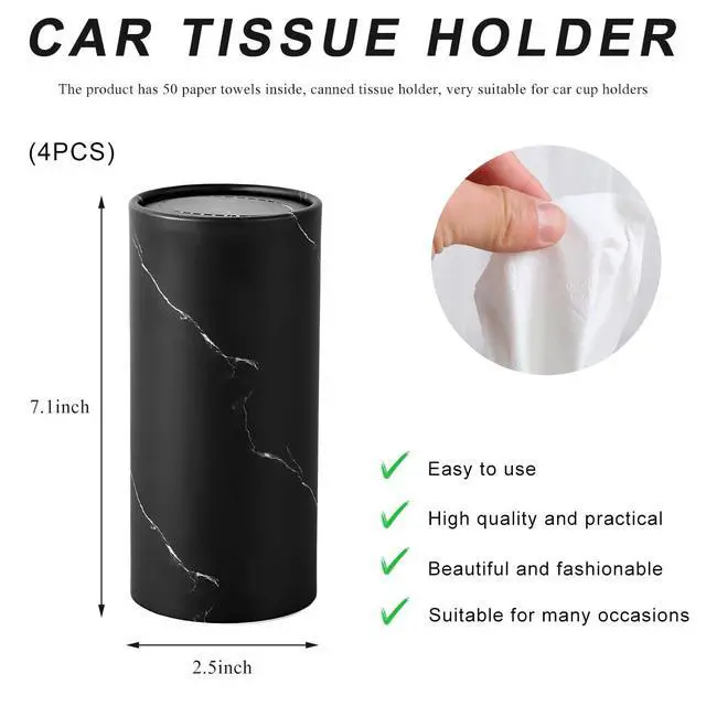 Alt view image 2 of 6 - 4PCS Car Tissue Holder, Car Cup Holder Convenient Travel Tissue Tube Box with Facial Tissues, Portable Round Tissues Holder Paper Towel Cylinder for Car Home Office (Marble Black)