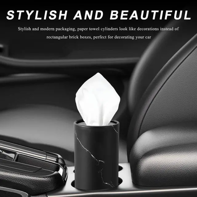 Alt view image 6 of 6 - 4PCS Car Tissue Holder, Car Cup Holder Convenient Travel Tissue Tube Box with Facial Tissues, Portable Round Tissues Holder Paper Towel Cylinder for Car Home Office (Marble Black)