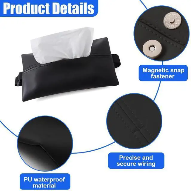 Alt view image 3 of 6 - Car Tissue Holder, PU Leather Car Napkin Holder with Adjustable Strap, Center Console Tissues Box Cover, Sun Visor Organizer Keep Auto Tidy, Vehicle Headrest Storage Accessories (Black)