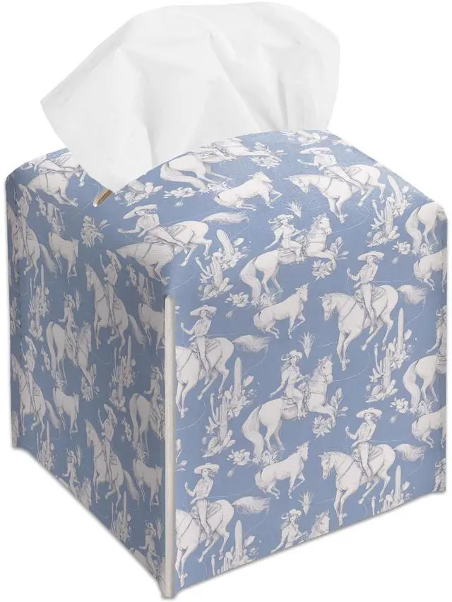 Main image of Blue Cowboy Decorative Square Leather Tissue Box Cover - Tissue Holder Gifts for Cowboy Themed Festival Birthday - Home Decor Decorative for Bathroom Kitchen Nightstands Office Car - A16