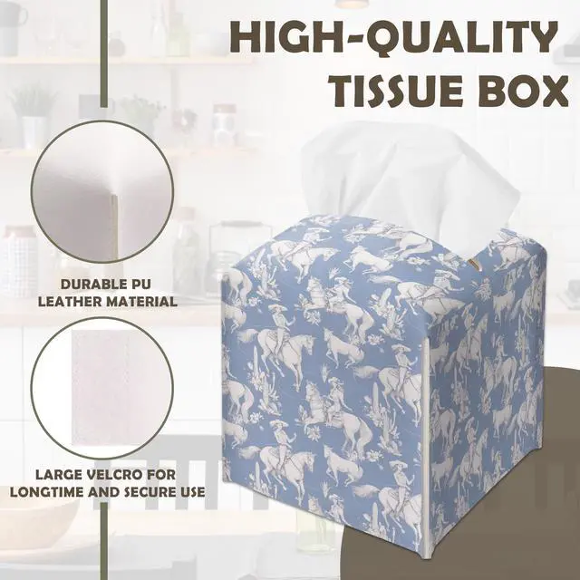 Alt view image 4 of 7 - Blue Cowboy Decorative Square Leather Tissue Box Cover - Tissue Holder Gifts for Cowboy Themed Festival Birthday - Home Decor Decorative for Bathroom Kitchen Nightstands Office Car - A16