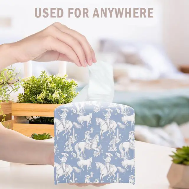 Alt view image 5 of 7 - Blue Cowboy Decorative Square Leather Tissue Box Cover - Tissue Holder Gifts for Cowboy Themed Festival Birthday - Home Decor Decorative for Bathroom Kitchen Nightstands Office Car - A16