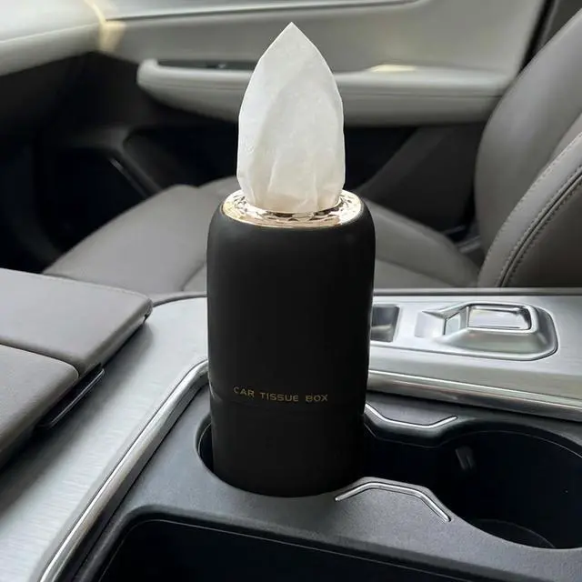Main image of Car Cup Holder Tissue Holder, Water-Resistant Plastic Facial Tissues Cylinder, Portable Paper Towel Tube Container for Travel, Vehicle Napkin Box Organizer for Car, Home, Office (Black)