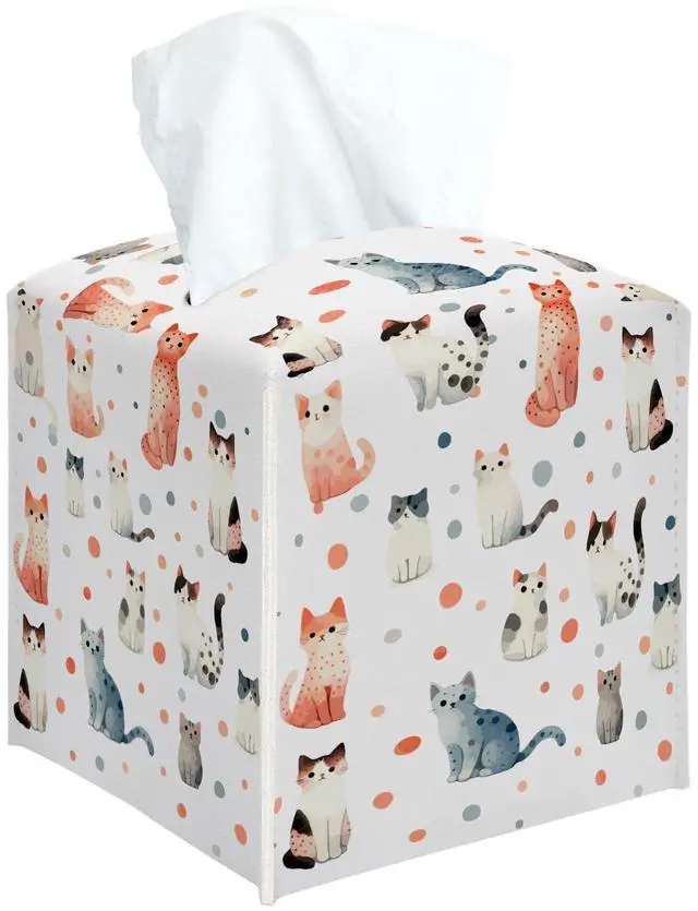 Main image of Cute Cat Square Tissue Box Cover, Decorative Tissue Box Holder for Bedroom Bathroom Kitchen Office Vanity Countertop, Leather Facial Paper Organizer Dispenser -02