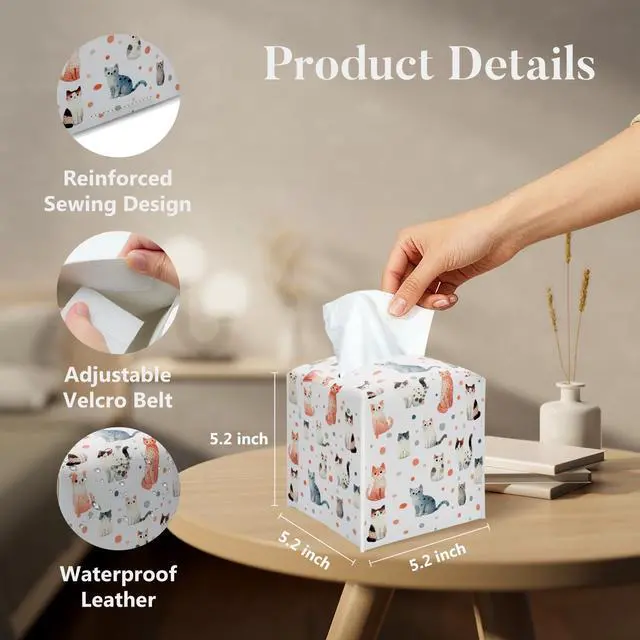 Alt view image 2 of 5 - Cute Cat Square Tissue Box Cover, Decorative Tissue Box Holder for Bedroom Bathroom Kitchen Office Vanity Countertop, Leather Facial Paper Organizer Dispenser -02