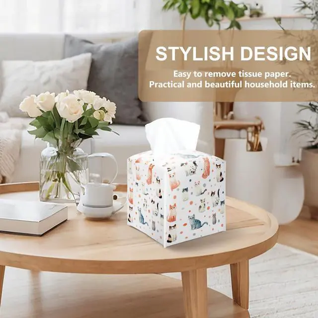Alt view image 4 of 5 - Cute Cat Square Tissue Box Cover, Decorative Tissue Box Holder for Bedroom Bathroom Kitchen Office Vanity Countertop, Leather Facial Paper Organizer Dispenser -02