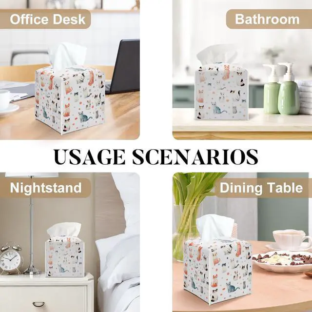 Alt view image 5 of 5 - Cute Cat Square Tissue Box Cover, Decorative Tissue Box Holder for Bedroom Bathroom Kitchen Office Vanity Countertop, Leather Facial Paper Organizer Dispenser -02