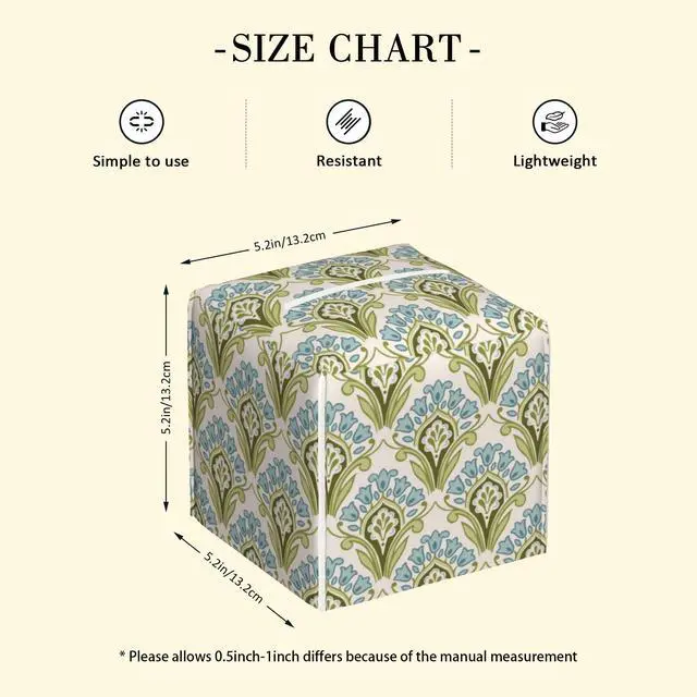 Alt view image 2 of 6 - Tissue Box Holder Green and Blue Floral Tissue Box Cover Square Leather Tissue Holder Organizer Portable Decorative Facial Paper Case for Home Office Bathroom Vanity Countertop