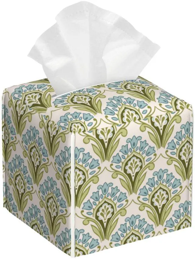 Main image of Tissue Box Holder Green and Blue Floral Tissue Box Cover Square Leather Tissue Holder Organizer Portable Decorative Facial Paper Case for Home Office Bathroom Vanity Countertop
