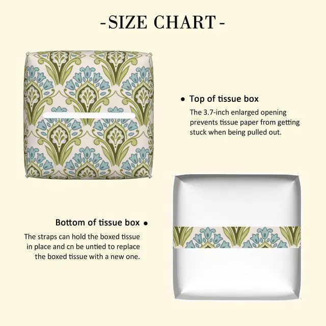Alt view image 3 of 6 - Tissue Box Holder Green and Blue Floral Tissue Box Cover Square Leather Tissue Holder Organizer Portable Decorative Facial Paper Case for Home Office Bathroom Vanity Countertop