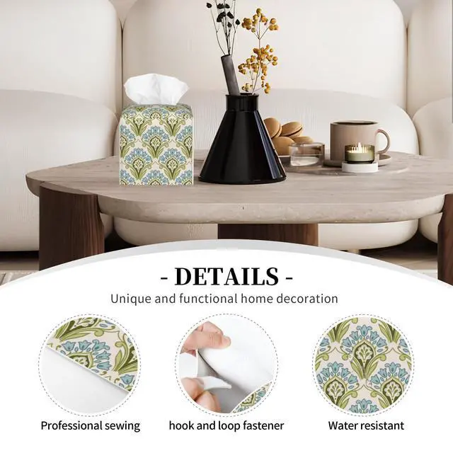 Alt view image 4 of 6 - Tissue Box Holder Green and Blue Floral Tissue Box Cover Square Leather Tissue Holder Organizer Portable Decorative Facial Paper Case for Home Office Bathroom Vanity Countertop